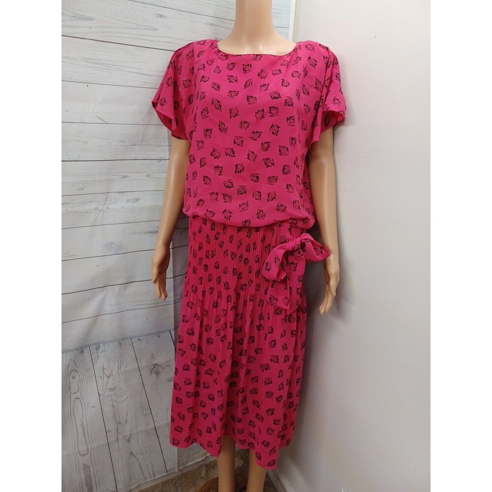 Vtg J.B. Too Pink Dress Floral Leaves Short Sleeves Secretary Drop Waist Sz 16